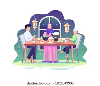 Ramadan Sahur and iftar party with Family During Ramadan Month, Eat Together With Muslim Family, Ramadan Fasting vector Illustration