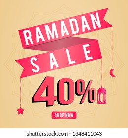 Ramadan Sale 40% With Ribbon, Lantern, Moon, Star, Button Shop Now and Mandala Background Illustration Vector