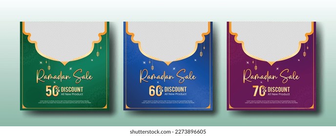 Ramadan sale 50% discount in green, blue, purple background with 
the crescent moon, lantern, stars, dome mosque, Islamic pattern for social media posts.