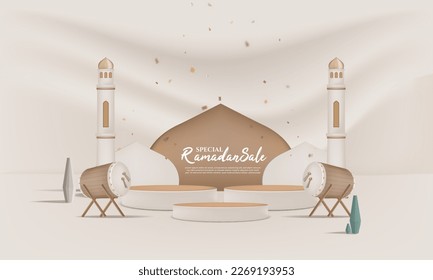 ramadan sale background 3d with  podium, lantern for greeting, banner, poster