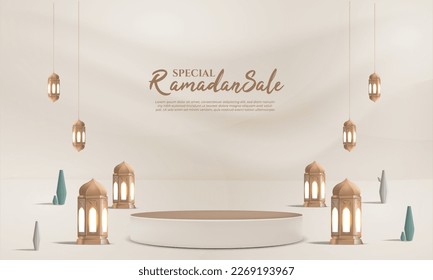 ramadan sale background 3d with  podium, lantern for greeting, banner, poster