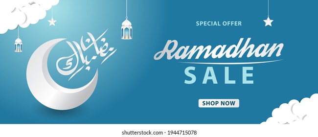 Ramadan Sale Background with ramadhan element, web header or banner design with star, moon, arabic lanterns and Islamic Ornament on blue background. poster design. vector illustration.