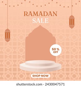 Ramadan Sale background square. Suitable for social media design, promotion and flyer. Ramadan background in portrait design with peach and orange color combination.