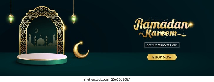 Ramadan sale banner with 3D podium for product display. Realistic vector illustration.