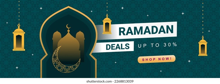 Ramadan sale banner background with window, lantern and mosque.