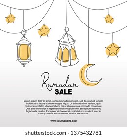 Ramadan sale banner with decorative lantern, moon, and star. Islamic greeting template vector illustration.