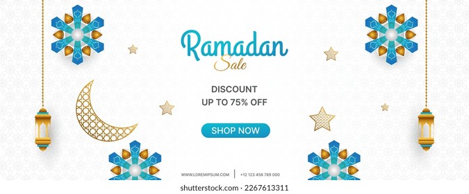 Ramadan sale banner design with mandala, lantern, moon and star for business promotion. islamic vector illustration