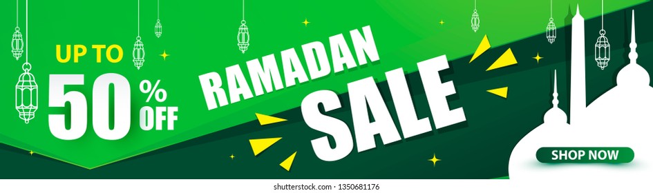 Ramadan sale, banner design with mosque and lantern. Big sale 50% off offers green flat design. Web header and banner design vector.