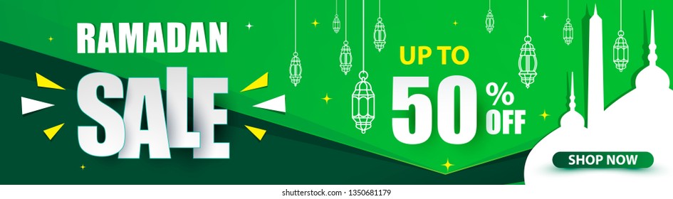 Ramadan sale, banner design with mosque and lantern. Big sale 50% off offers green flat design. Web header and banner design vector.