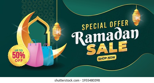 Ramadan Sale Banner or Flyer template vector graphic with crescent moon, shopping bag, Lantern, label, islamic ornaments.