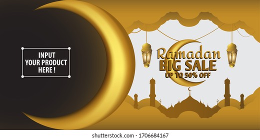 Ramadan sale banner with gold moon and lampion illustratioj