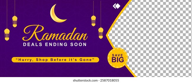 Ramadan sale banner with golden Arabic lanterns, and an Islamic arch frame with a transparent section for product placement Ramadan sale post social media banner for social media, e-commerce and so on