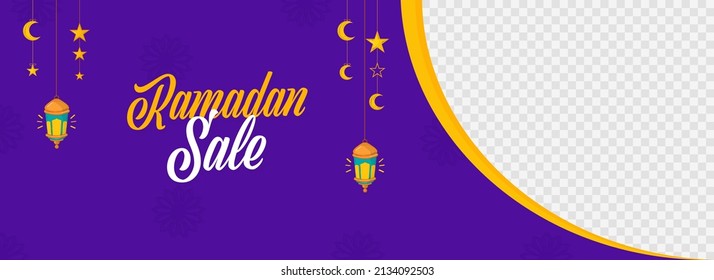 Ramadan Sale Banner Or Header Design With Space For Product Image On Purple And Png Background.