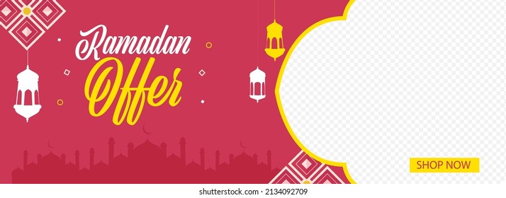 Ramadan Sale Banner Or Header Design With Hanging Lanterns, Silhouette Mosque And Space For Product Image On Red And Png Background.