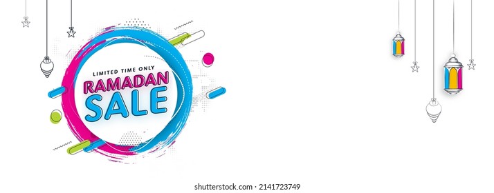 Ramadan Sale Banner Or Header Design With Hanging Lanterns, Stars And Circular Brush Effect On White Background.