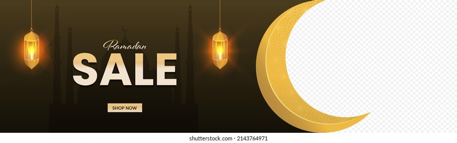 Ramadan Sale Banner Or Header Design With Crescent Moon, Lit Lanterns Hang And Copy Space On Brown Silhouette Mosque Background.