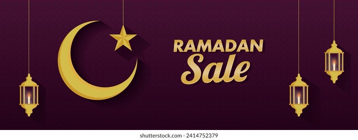 Ramadan Sale Banner or Header Design with Golden Crescent Moon, Star And Lanterns Hang on Purple Floral Pattern Background.