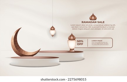 Ramadan sale banner with a lamp and the text 50 off crescent moon and lantern