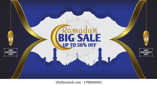ramadan sale banner with mosque, gold lampion, moon and islamic ornament illustration