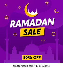 Ramadan Sale Banner with Mosque Vector for Social Media. Discount Up To 50% Design with Islamic Ornament suitable for Poster and Flyer