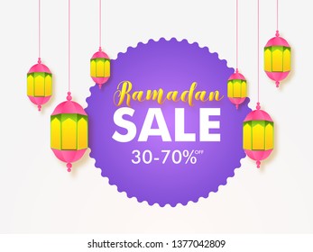 Ramadan Sale banner or poster design with 30-70% discount offer and illuminated lanterns illustration.