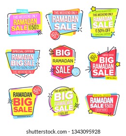 Ramadan Sale Banner Set Vector. Eid Background. Offer Tag. Big Super Sale. Islamic Poster. Arabic Template. Ramazan Arabian Holiday Shopping. Discount Flyer. Illustration