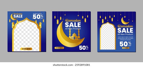 Ramadan sale banner template collection. With ornaments of crescent moons, stars, mosques, lanterns on a blue background. can be used for social media posts and web internet advertising.
