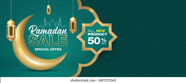 Ramadan sale banner template design with a crescent moon and lanterns with Islamic background ornaments. suitable for web promotion and social media. 