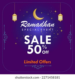 Ramadan sale banner template design with a crescent moon and lanterns with Islamic background ornaments. Suitable for web promotion and social media etc. Vector Illustration.