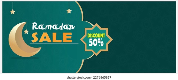 Ramadan sale banner template design with a crescent moon and star with Islamic background ornaments. suitable for web promotion and social media