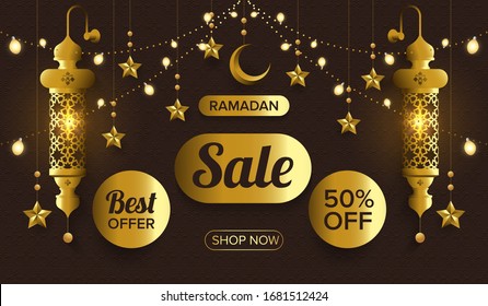 Ramadan sale banner template with light lamp, star and moon background