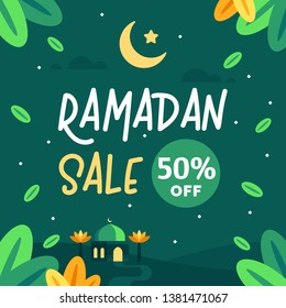 Ramadan Sale Banner Template with Mosque and Nature Background