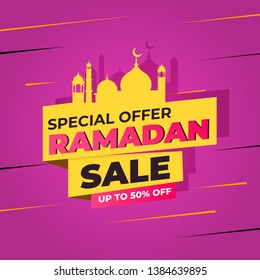 Ramadan Sale banner template with mosque and modern design on purple background, modern minimalist design for promotional, social media post, marketing kit