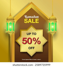 Ramadan sale banner template for promotion with beautiful golden lantern and decorations.