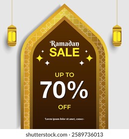 Ramadan sale banner template for promotion with beautiful golden lantern and pattern decorations.