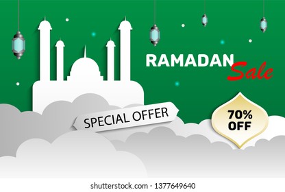 Ramadan sale banner template, web header or banner with mosque, cloud, lantern decoration, special offer discount 