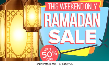 Ramadan Sale Banner Vector. Eid Background. Offer Tag. Big Super Sale. Islamic Poster. Arabic Template. Ramazan Arabian Holiday Shopping. Decoration Art. Business Message. Discount Flyer. Illustration