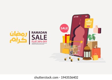 Ramadan sale banners on mobile online, discount and best offer tag, label or sticker set on occasion of Ramadan Kareem and Eid Mubarak, vector illustration