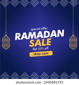 Ramadan Sale Blue vector banner and post. Ramadan Kareem Sale SHOP NOW. Editable vector file.