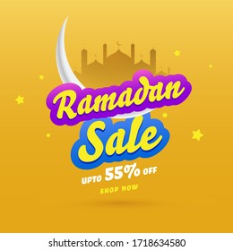 Ramadan Sale Concept with Crescent Moon, and Mosque on Yellow Background. Islamic Holy Month of Prayers Concept.