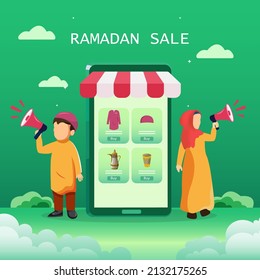 Ramadan Sale concepto, cabecera web o diseño de banner con linternas árabes y ornamento islámico. ilustración vectorial plana
