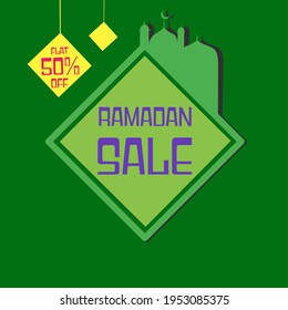 ramadan sale design with parallelogram and mosque a flat offering 50% dark green background