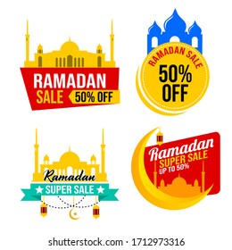 Ramadan Sale Design Set. Flat Design Vector Template for Label, Sticker, Poster, Flyer, Banner. Islamic Mosque, Moon and Star Ornament. Discount Up to 50%