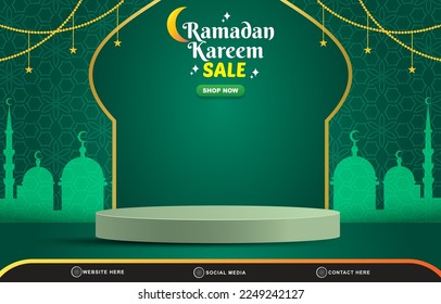 ramadan sale discount 2023 template banner with blank space 3d podium for product sale with abstract gradient green background design