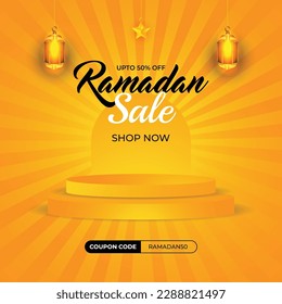 Ramadan sale discount banner with lanterns, star and luxury 3d podium stage for product display