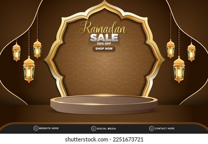 ramadan sale discount template banner with blank space 3d podium for product sale with islamic abstract gradient brown background design