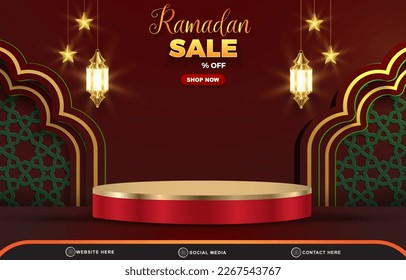 ramadan sale discount template banner with blank space 3d podium for product sale with abstract gradient red and green background design