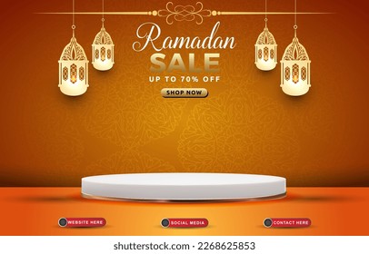 ramadan sale discount template banner with blank space 3d podium for product sale with abstract gradient brown and orange background design