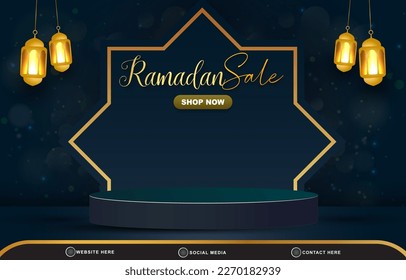 ramadan sale discount template banner with copy space 3d podium for product sale with abstract gradient dark blue background design