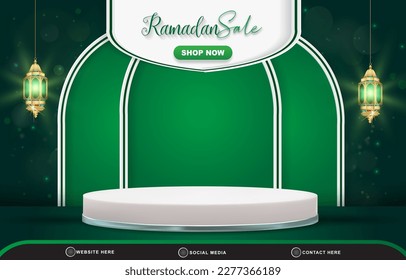 ramadan sale discount template banner with copy space 3d podium for product sale with abstract gradient green and white background design